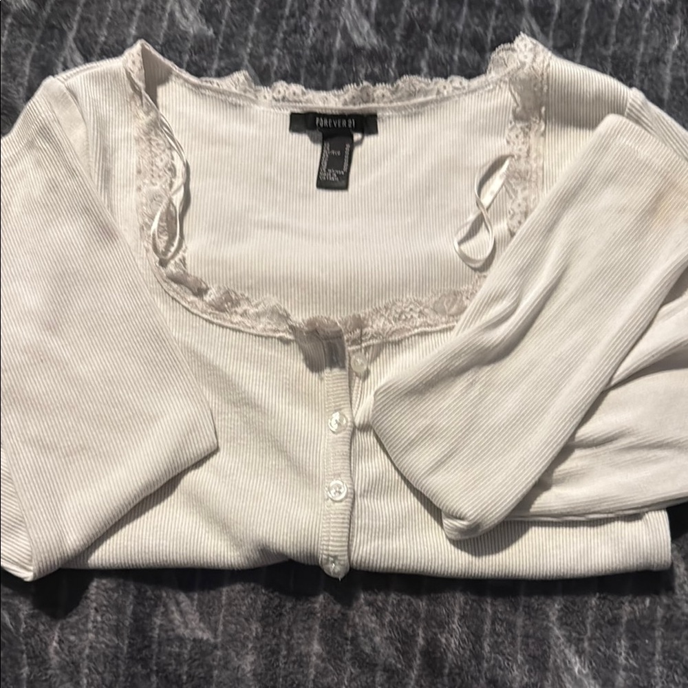 Forever 21 Ivory Button-Up Lace Top
